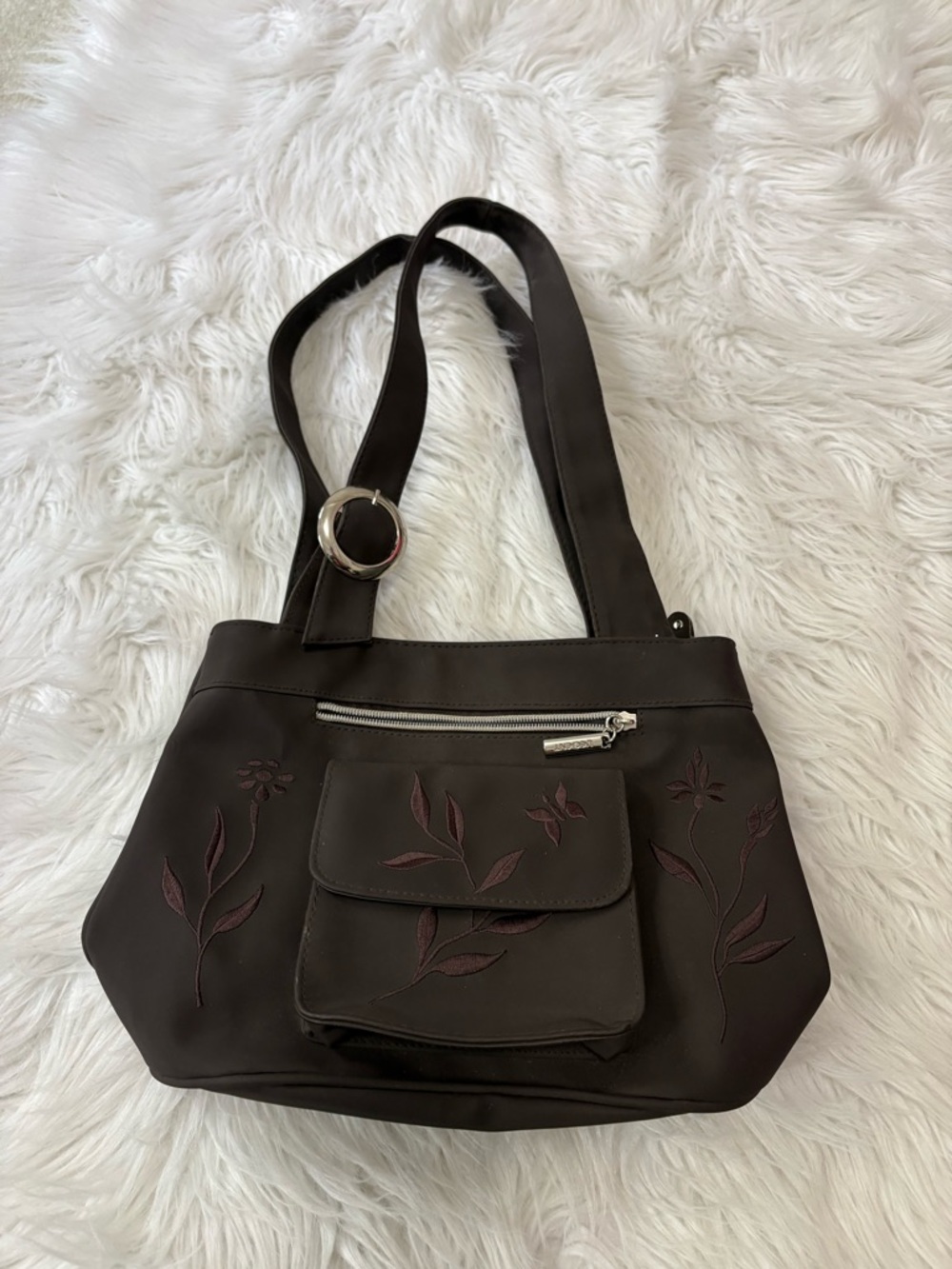 Vintage 90’s Y2K Fairycore Dark Brown Womens Shoulder Bag with Floral Embroidery